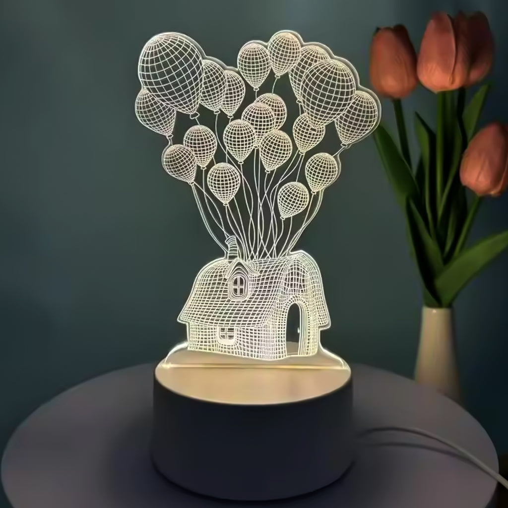 3d Illusion Led Night Lamp With House And Balloons Design